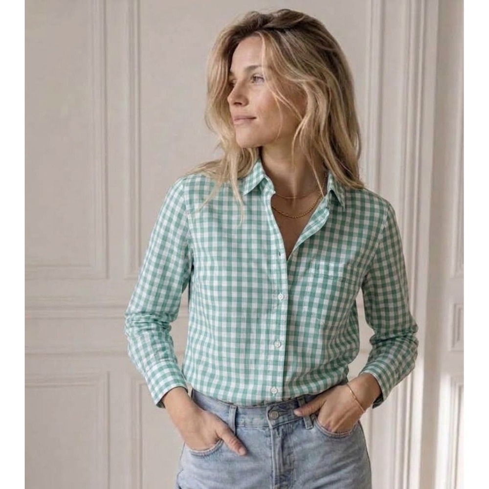 J.Crew Americana Preppy Green Gingham Button Down L/S Cotton Blend Shirt Sz XL